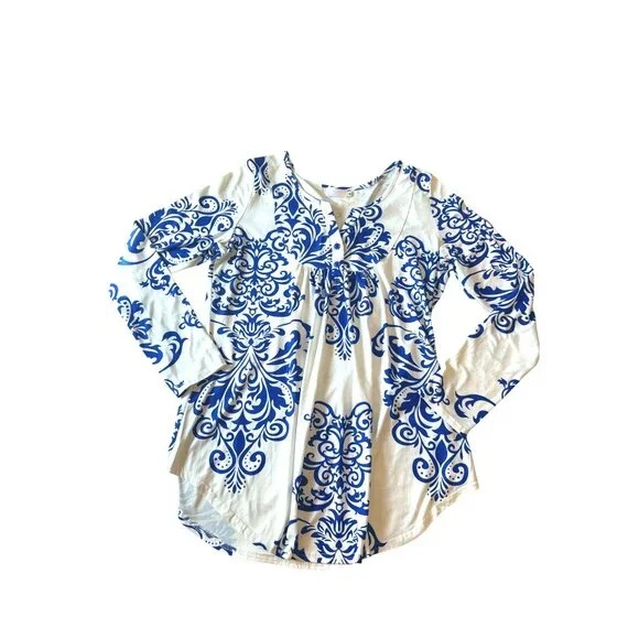 Halife Womens Long Sleeve Blue and White Abstract Patterned Tunic Top M - Picture 6 of 6